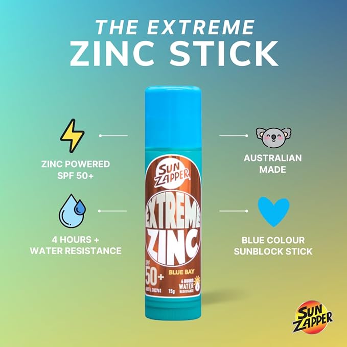 Sun Zapper Extreme Zinc Sunscreen Stick SPF 50+ Blue Bay – Colored Water Resistant Mineral Sunscreen for Face, Zinc Oxide Surf Sunscreen Stick for Water Sports, 15g (0.53 oz), Australian Made