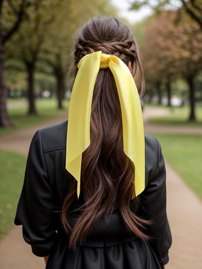 Pack of 2 Knotted Bow Hair Scrunchies Elastic Hair Scarf Hair Ties Bands Satin Hair Ribbon Scrunchy Ponytail Holder for Women and Girls, Hair Scarf Scrunchies,Hair Accessories(Yellow)
