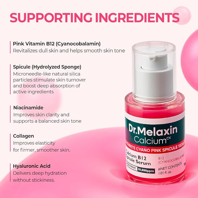 Dr.Melaxin Cyano Pink Spicule Serum with Vitamin B12, Liquid Microneedle Facial Treatment for Enlarged Pores, Niacinamide for Texture Refining & Renewal, 1.01 fl.oz