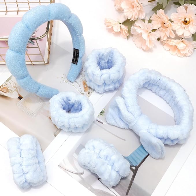 SPA Headbands for Washing Face Makeup Headbands with Bow Hair Band Women Facial Head Band Wrist Towel Wraps For Shower Face Mask Blue, 6 Pack