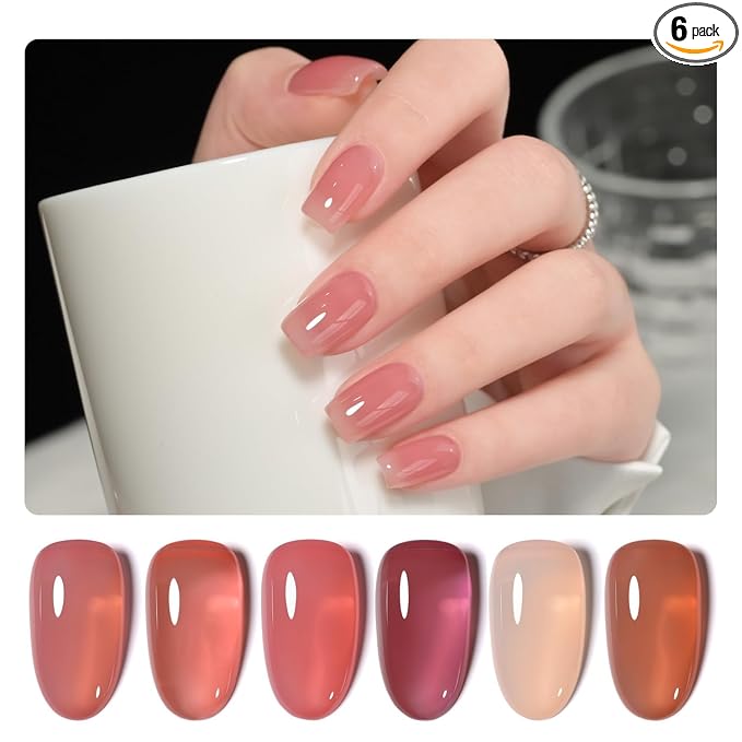 GAOY Jelly Burgundy Gel Nail Polish Set, 6 Transparent Colors Red Pink Brown Nude Soak Off UV Light Cure Gel Polish Kit for Salon and Nail Art DIY at Home