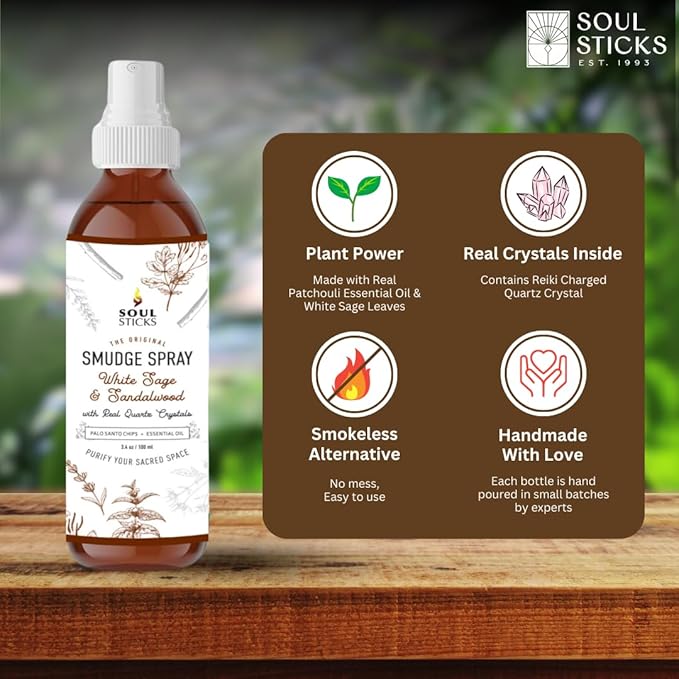 SOUL STICKS White Sage & Sandalwood Smudge Spray For Cleansing and Negative Energy | 3.5oz White Sage Smudge Spray with Real Quartz Crystals | Car Fragrance Sage Room Spray for Spiritual Cleansing