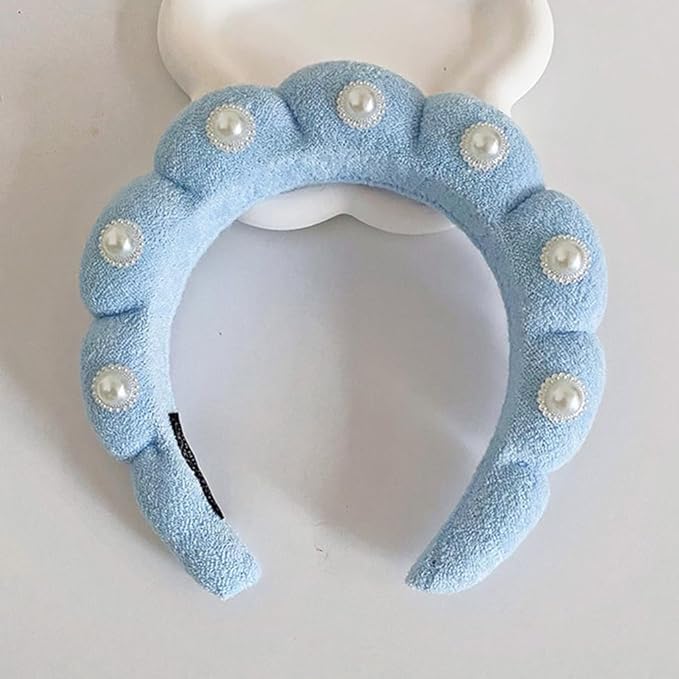 Spa Headbands Puffy Makeup Skincare Headbands for Washing Face or Facial, Terry Cloth Fabric Hairbands for Makeup Removal Shower Skin Treatment(Light Blue, Pearl)