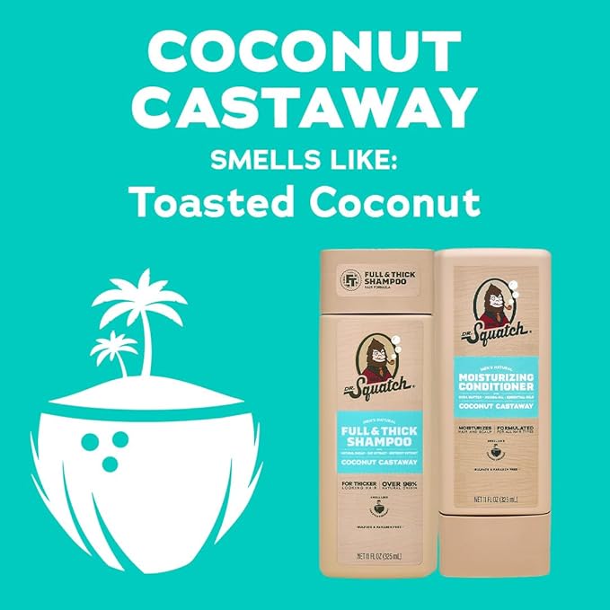 Dr. Squatch Full + Thick Men's Shampoo and Conditioner Set - For Fuller, Thicker-Looking Hair - Natural Shampoo and Conditioner for Men - Coconut Castaway (11 fl oz, 2-Pack)