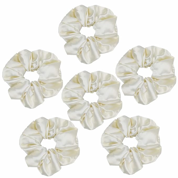 Satin Silk Scrunchies and Hair Ties - 6 Pcs Hair Accessories with Soft Fashion Ponytail Holders, Hair Bands, and Bows for Women and Girls (4.3 inch, Beige)