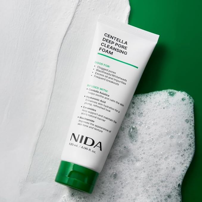 NIDA Centella Deep Pore Cleansing Foam | Centella Asiatica, Hyaluronic Acid, Ceramides, Niacinamide | Clogged Pores, Blackheads/Whiteheads, Good for Impurities & Breakouts | 4.06 oz., 120ml