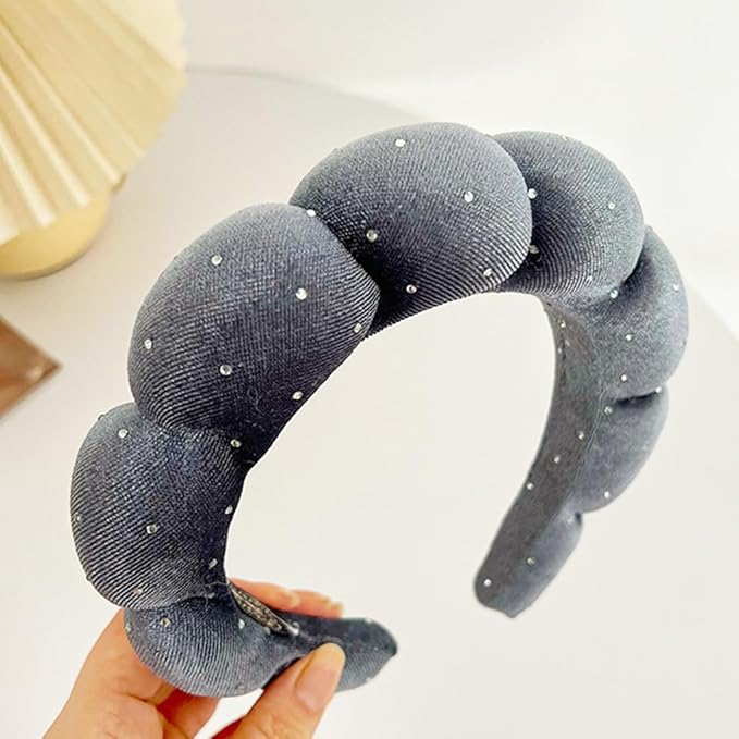 Spa Headbands Puffy Makeup Skincare Headbands for Washing Face or Facial, Terry Cloth Fabric Hairbands for Makeup Removal Shower Skin Treatment(Grey, Rhinestone)