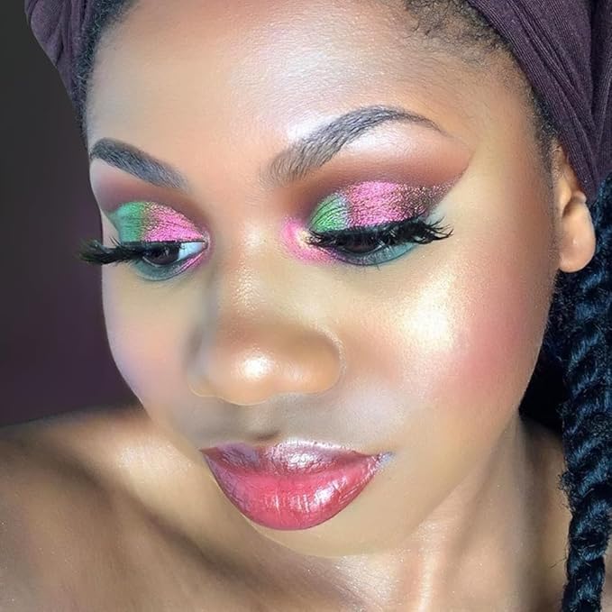 Pink Green Glitter Eyeshadow, High Pigment Sparkle Duo Chrome Eyeshadow with Intense Color Shifting Pink to Green,Smooth Long Last Mineral Chameleon Multichrome Eye Shadow for Eye Glitters/Highlighter
