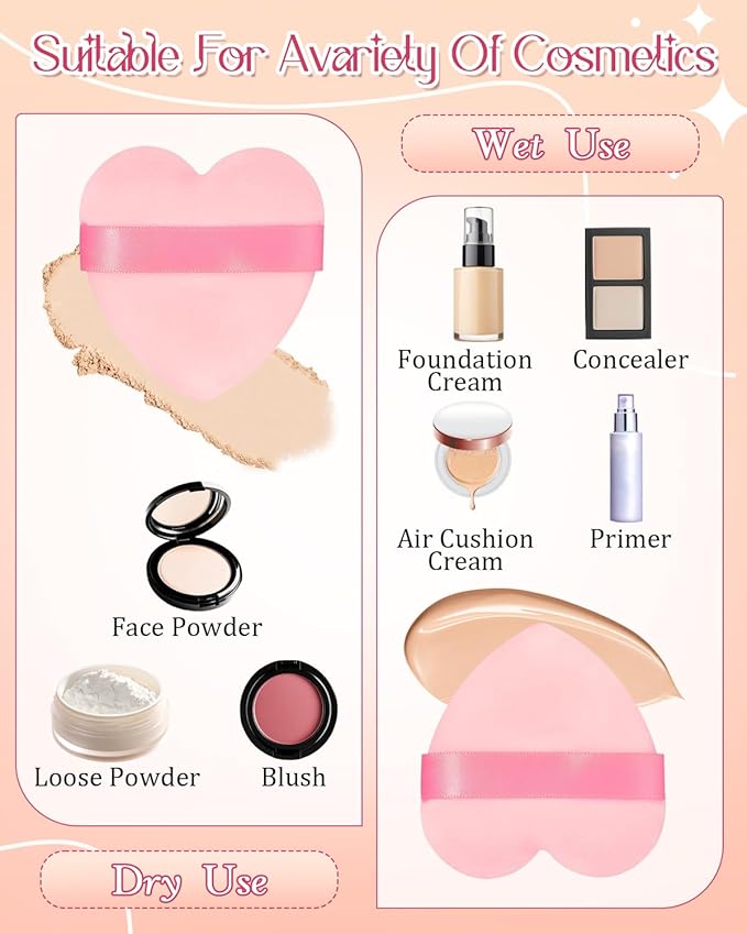 6Pcs Pink Powder Puff for Face Powder, Heart Shape Soft Puffs for Applying Face Powders, Normal Size Velour Makeup Puff Beauty Tool for Women Mother‘s Day