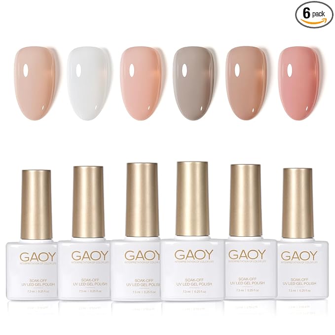 GAOY Jelly White Pink Gel Nail Polish Set, 6 Transparent Colors Sheer Nude Brown, Soak Off UV Light Cure Gel Polish Kit for Nail Art DIY at Home