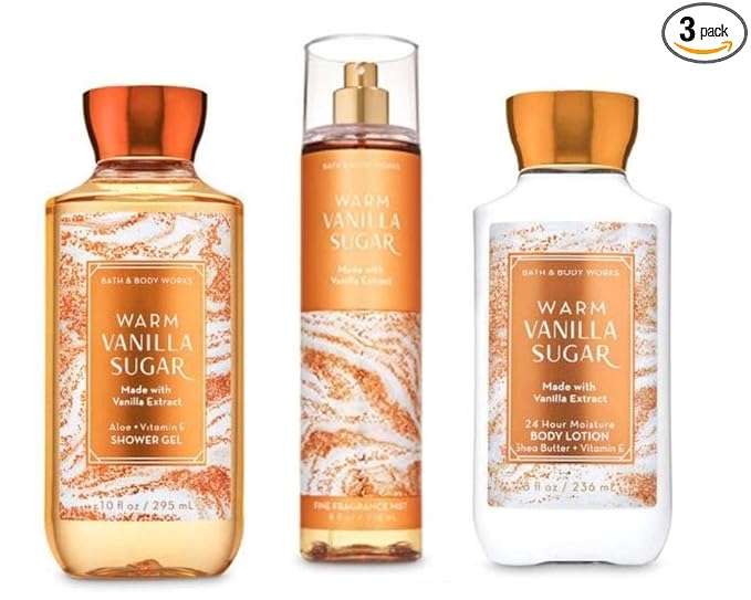B & Body Works Warm Vanilla Sugar - Full Size Set - Shower Gel, Body Lotion, Fine Fragrance Mist