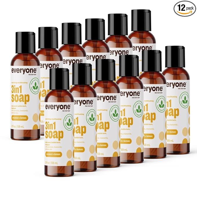 Everyone 3-in-1 Soap Body Wash, Bubble Bath, Shampoo, Travel Size, 2 Ounce (Pack of 12), Coconut and Lemon, made with Essential Oils for Men and Women