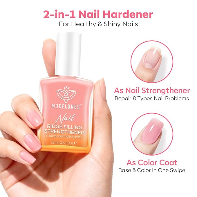 modelones Nail Strengthener,Light Pink Nail Polish Low Odor Nail Hardener Extra Strong and Growth Nail Repair for Damaged Thin Brittle Nails Care Natural Concealer 15 ML