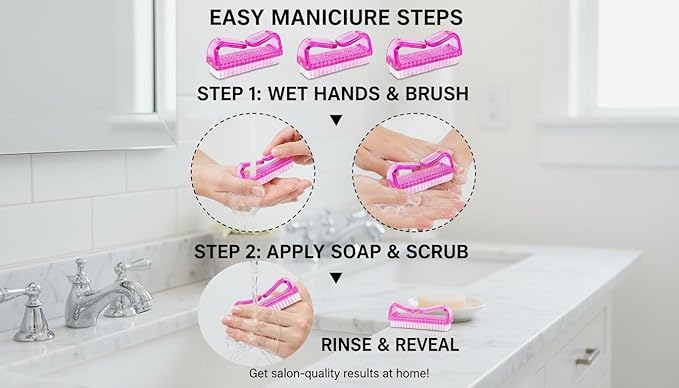 3Pcs Different Kinds of Fingernail brush with Plastic Handle Nail brush for cleaning Fingernails - Easy to use Nail Scrub brush - Nail Cleaner Nail brushes for Hands Feet(pink)