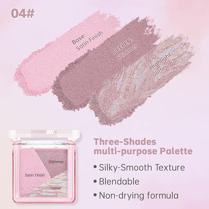 Pink Purple Shimmer Baked Eyeshadow Palette, 3 Color High Pigment Blendable Eye Shadow Makeup for Older Women, Travel Mini Palette Suitable for All Eye Shapes, Vegan & Cruelty-Free Soft Glam Look 04#