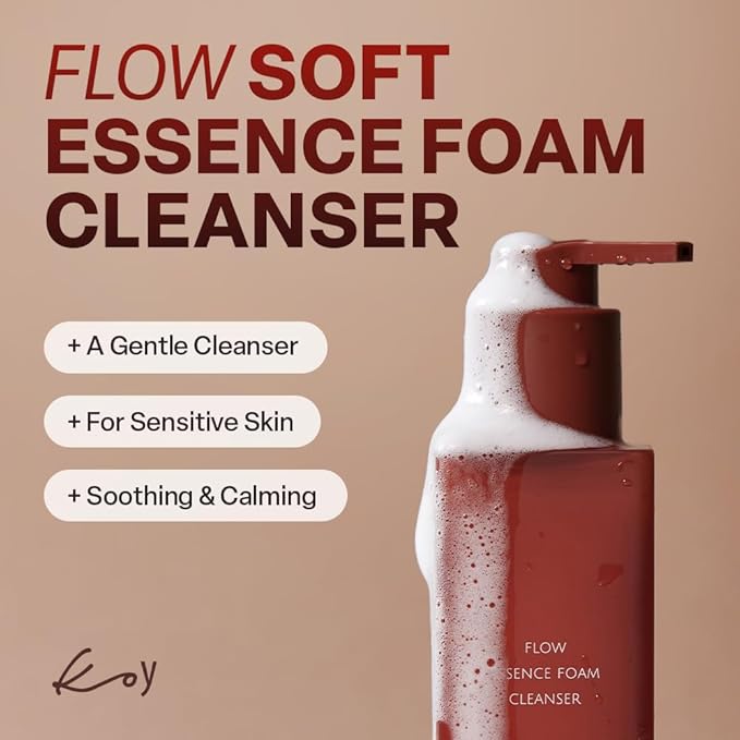 KOY Flow Essence Foam Cleanser, Gentle Facial Exfoliator, Deep Cleansing, Pore Care and Makeup Removal with Cottonseed Extracts, Papain Extract for Moisturizing, 5.07 fl oz