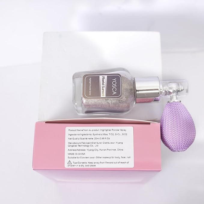 Yosca Highlighter Powder Spray, 20ML Cosmetic High Gloss Body Shimmer Powder Fairy Dust Highlighter Sparkle Face Makeup Setting Magic Diamond Glitter Spray Shimmer Face Body Skin Hair Clothes