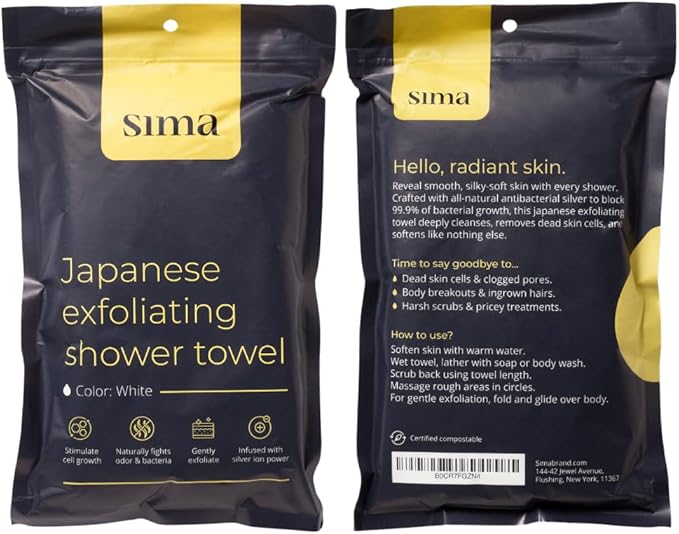 Sima Brand Exfoliating Washcloth Face & Body Scrub Towel - Japanese Exfoliating Towel with Hexagon Fibers, Body Scrubber with 2 Sides for Scrubbing & Washing, Extra Long Towels (Black, 3 Pack)
