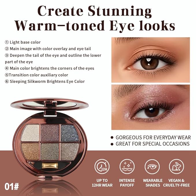 Neutral Brown Gold Shimmer Eyeshadow Palette, 6 Color High Pigment Blendable Glitter Eye Shadow Makeup for Older Women, Lightweight Travel Friendly, Suitable for All Eye Shapes, Daily Glam Look 01#