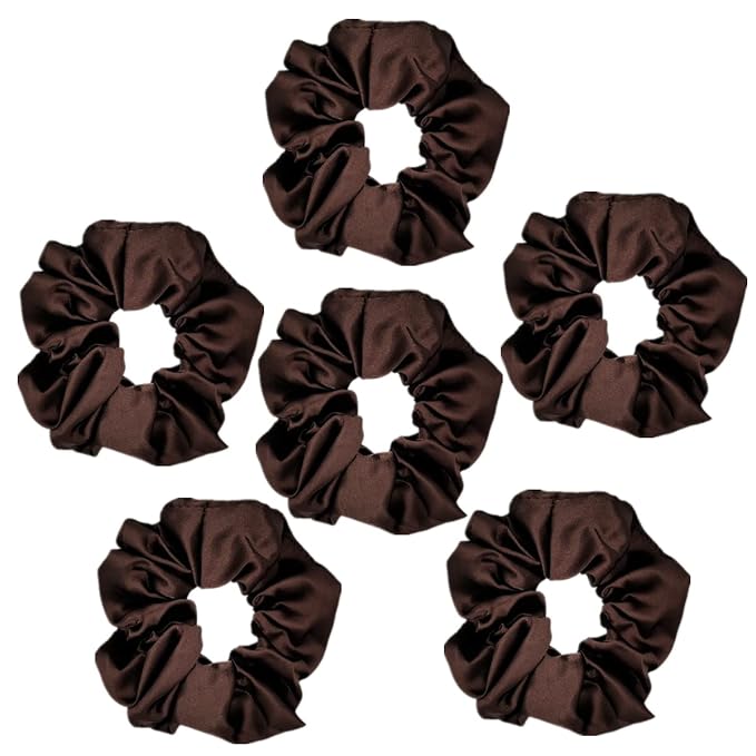 6 Pcs Satin Silk Scrunchies and Hair Ties - Soft Hair Bands, Bows, Ropes, Ponytail Holders for Women and Girls (4.3 inch, Dark Brown)