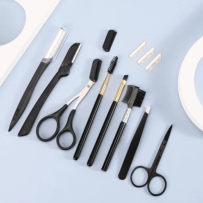 12 in 1 Eyebrow Trimmer Kit Eye Brow Scissors, Eyebrow Razor, Eyebrow Comb, Eyebrow Comb Scissor, Eyebrow Brush,Folding Eyebrow Knife, Scissors Razor, Eyebrow Trimmer, Tweezers.