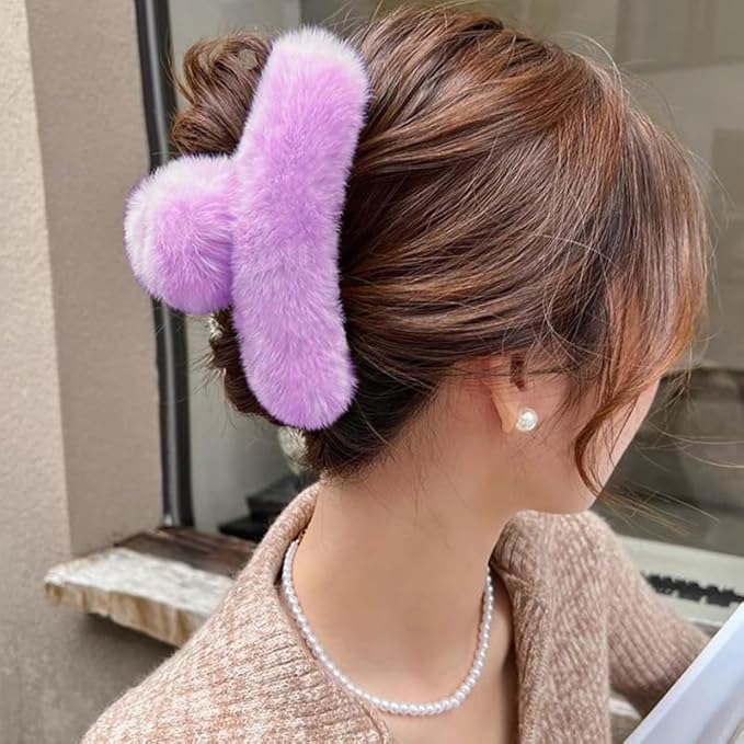 YOYLMAL Large Faux Fur Hair Claw Clip for Women, 5.1 Inches Winter Fluffy Fuzzy Hair Clips, Nonslip Strong Hold Furry Big Jaw Clamp for Thick Long Hair (Purple)