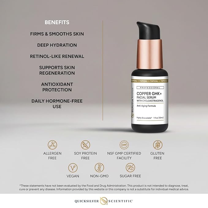 Quicksilver Scientific Copper GHK+ Facial Serum with Cycloastragenol - Copper Peptide Serum for Healthy Skin Support - Smooth Complexion & Glow - Gluten-Free, Vegan & Non-GMO - 1 fl oz