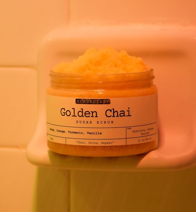 Golden Chai Sugar Scrub – Exfoliating Body Scrub with Honey, Orange, Turmeric, Vanilla – Gentle Exfoliating and Cleansing Impurities, Dead Skin Cells – Suitable for All Skin Types – 12 oz