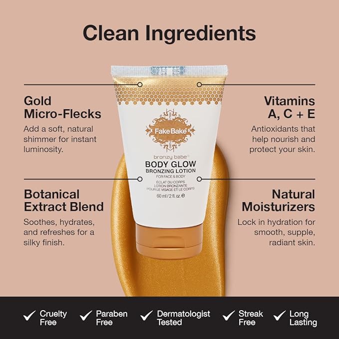 Fake Bake Bronzy Babe Body Glow Face & Body Tinted Moisturizer Lotion, Highlighter, Makeup & Moisturizing Skincare Healthy Color Boost from Plants & Vitamins - For All Skin Tones, Women & Men - 2oz