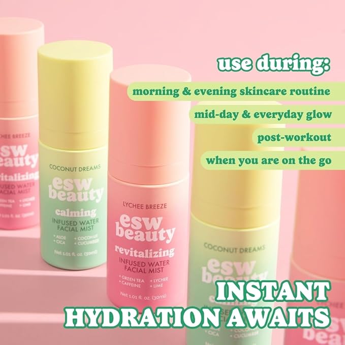 ESW Beauty Mini Facial Mist Duo Kit – Hydrating Face Spray Set with Coconut Dreams & Lychee Breeze – Travel Size Toner Mists to Prime & Set Makeup – Great Gift for Teen Girls