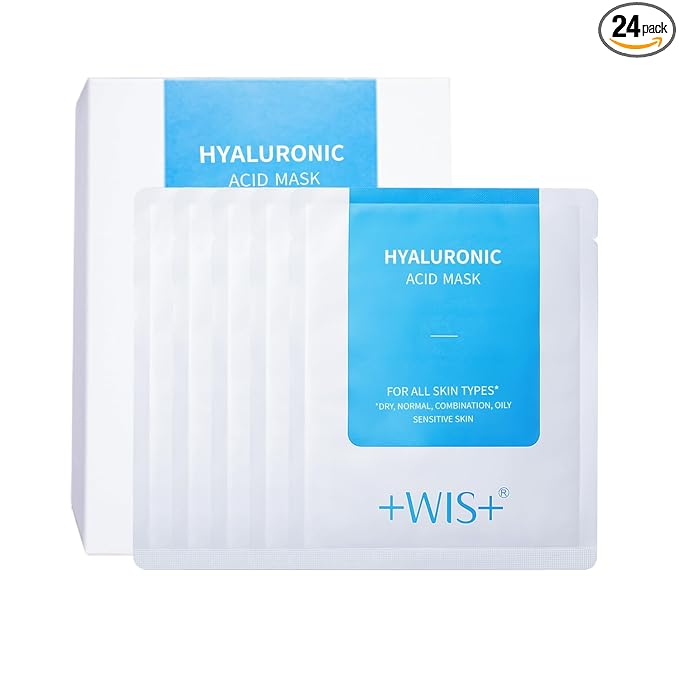 +WIS+ Hyaluronic Acid Face Mask 24 EA with Hyaluronic Acid Serum and Vitamin B5, Facial Mask for Dry Skin, Anti-Aging Mask to Plump and Repair Dehydrated Skin, Safe on Sensitive Skin,gifts for women