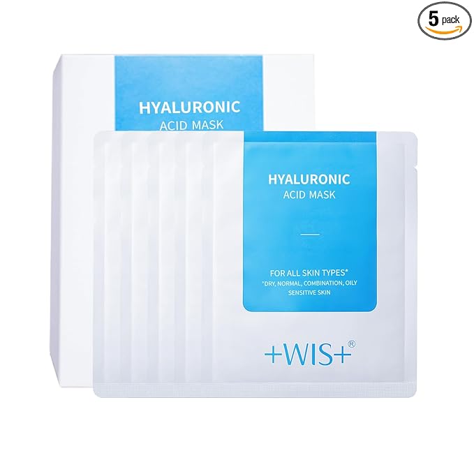 +WIS+ Hyaluronic Acid Sheet Mask 5 EA with Hyaluronic Acid Serum and Vitamin B5, Facial Mask for Dry Skin, Anti-Aging Mask to Plump and Repair Dehydrated Skin, Safe on Sensitive Skin,gift for girls