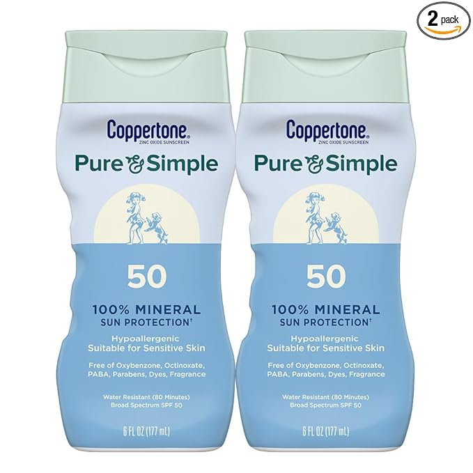 Coppertone Pure and Simple Zinc Oxide Mineral Sunscreen Lotion SPF 50, Water Resistant Sunscreen for Sensitive Skin, Hypoallergenic and Fragrance Free, 6 Fl Oz Bottle, Pack of 2