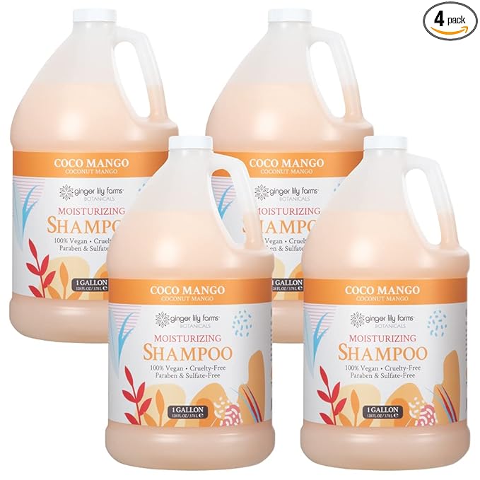 Ginger Lily Farms Botanicals Moisturizing Shampoo for All Hair Types, Coco Mango, 100% Vegan & Cruelty-Free, Coconut Mango Scent, 1 Gallon Refill (Pack of 4)