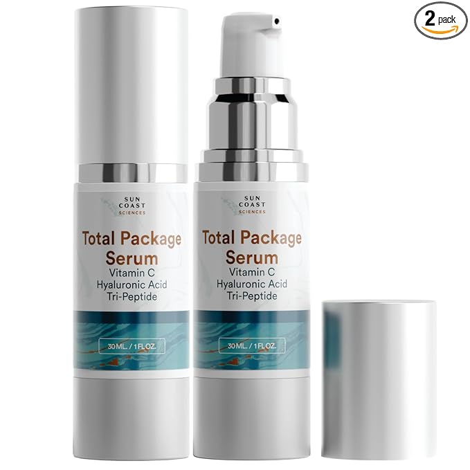 Sun Coast Sciences - Creamy Total Package Serum - Vitamin C Serum with Hyaluronic Acid & Peptides for Face - Hydrating Anti Aging Face Serum for Smoother, Firmer Looking Skin - 1 Fl Oz (Pack of 2)