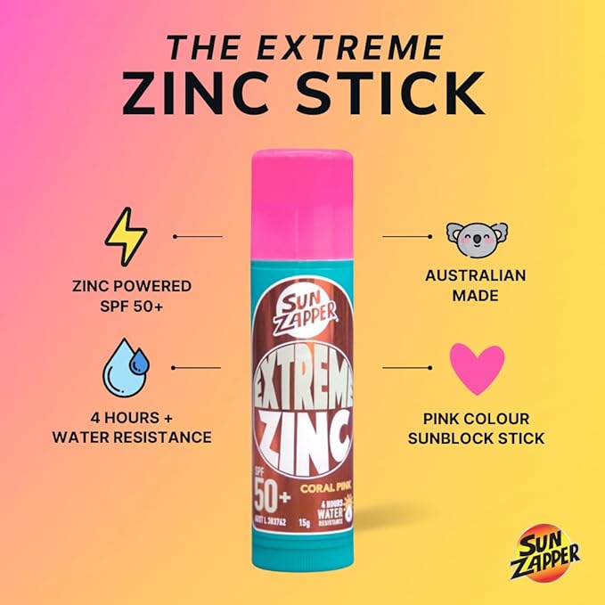 Sun Zapper Extreme Zinc Sunscreen Stick SPF 50+ Coral Pink – Colored Water Resistant Mineral Sunscreen for Face, Zinc Oxide Surf Sunscreen Stick for Water Sports, 15g (0.53 oz), Australian Made