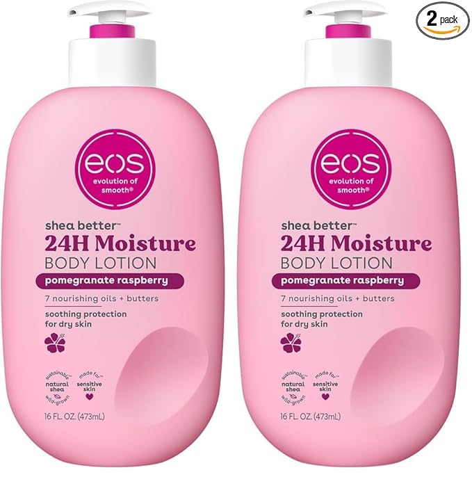 eos Shea Better Body Lotion Pomegranate Raspberry,24-Hour Moisture Skin Care,Lightweight & Non-Greasy,Natural Shea,Vegan,16 fl oz,(Pack of 2)