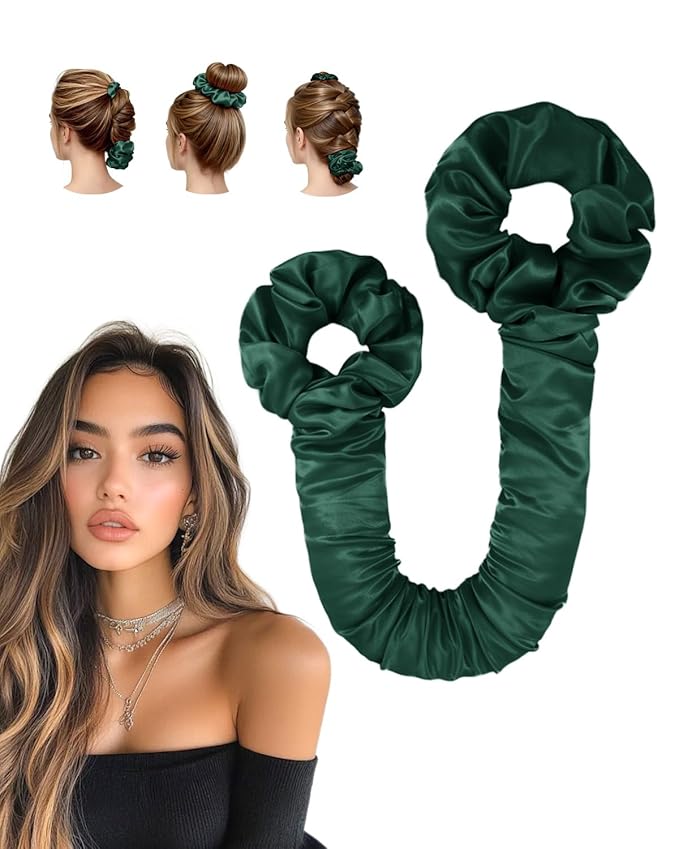 BONNET QUEEN Satin Heatless Hair Curler, Overnight Curls for Long Hair, Ultra Soft Daily Use of Hair Accessories & 2 Scrunchies, Damage-Free Styling, Soft Hair Curlers for Overnight, Dark Green
