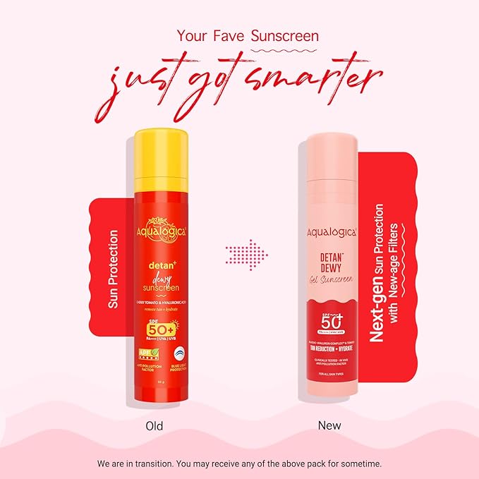 Aqualogica Detan+ Dewy Sunscreen SPF 50+ PA++++ with Cherry Tomato & HA - 50 g Broad Spectrum SPF 50+ PA++++ UVA/B & Blue Light Protection Anti-Pollution Factor (APF) Technology