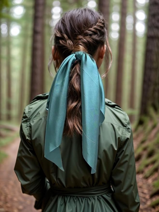 Pack of 2 Knotted Bow Hair Scrunchies Elastic Hair Scarf Black Hair Ties Bands Satin Hair Ribbon Scrunchy Red Ponytail Holder for Women and Girls (Dark green)