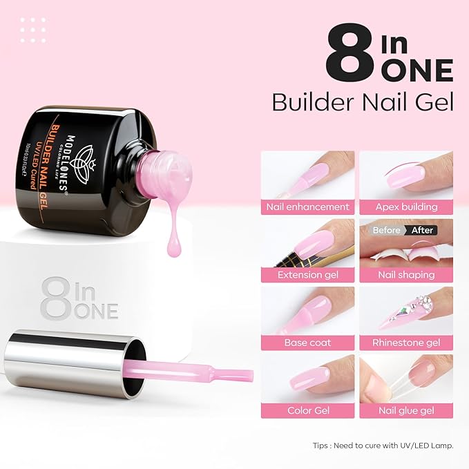 modelones Base Coat Builder Nail Gel, 2 Pcs Clear and Baby Pink Builder Nail Polish, 8-in-One Rubber Base Gel Polish Pastel Pink Color Strengthener Apex Building Extension LED Lamp Cured 10ml