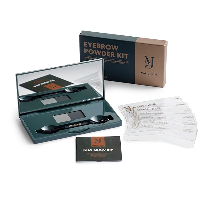 Marie-José Soft Charcoal & Black Duo Brow Powder Kit – Waterproof Eyebrow Powder with 6 Reusable Stencils & Dual-Ended Brush, Long-Lasting Natural-Look Brow Makeup for Dark Hair & Silver Highlights