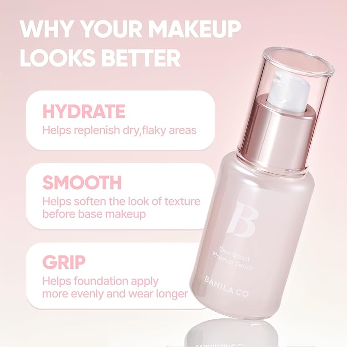BANILA CO Dew Boost Makeup Serum | Bounce-back Supple Hydration & Natural Makeup Glow | Hydrating Prep & Grip Primer for Radiant Glass Skin | Dewy-Plump Finish Face Base (30ml / 1.01 fl oz)