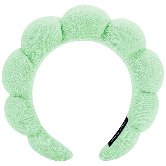 AOENJIE Spa Headbands for Washing Face or Makeup, Sponge Bubble Skincare Headbands, Puffy Terry Cloth Hairband for Women, Skin Care Makeup Headwear Hair Accessories for Girls (Green)