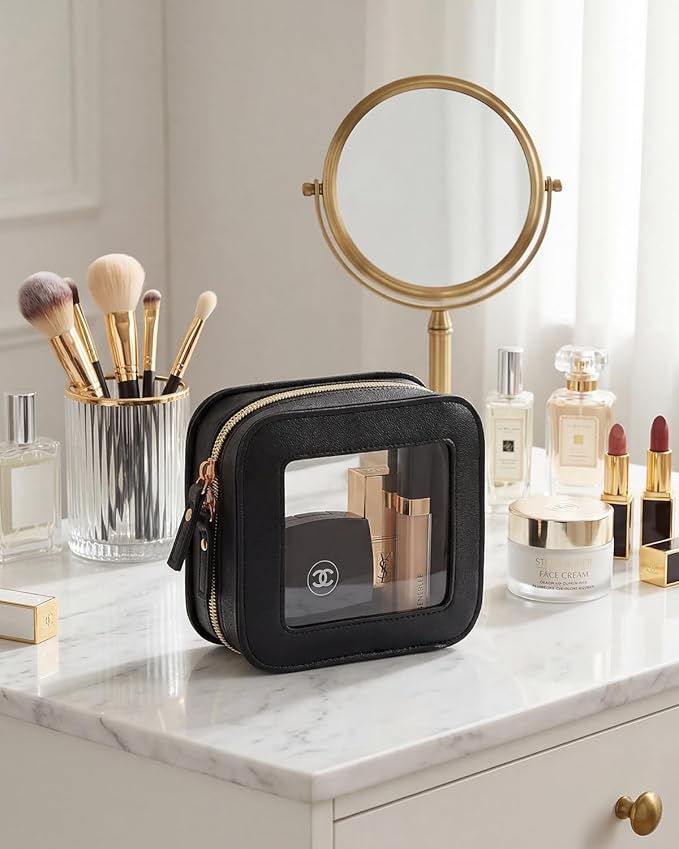 LETGO Small Makeup Bag for Purse Mini Cosmetics Bag Clear Cute Cosmetic Pouch for Women with Slip-in Pockets Car Bag for Essentials Accessories for Women Men Square Black