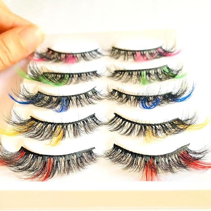 Sunniess Ombre Colored Lashes Silk Protein Fluffy Wispy Volume Fake Lashes for Halloweens Cosplay Party Stage Russian D Curl Lashes with Color Make up Faux Mink False Eyelashes