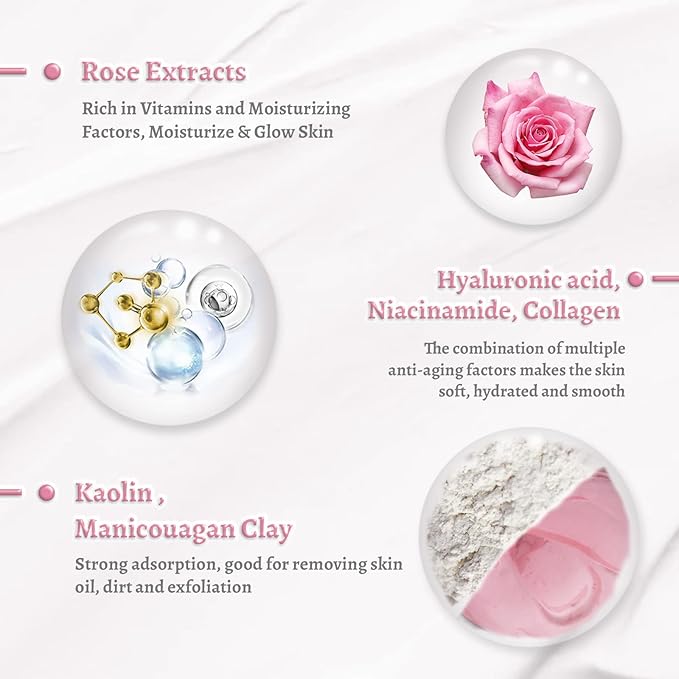 ANAI RUI Rose Facial Mask, Deep Cleansing, Clay Mask with Kaolin Pink Clay, Gifts for Women, Niacinamide, Collagen, Hyaluronic Acid for Moisturizing & Smooth Skin, Pores Minimizers, 4.23Oz