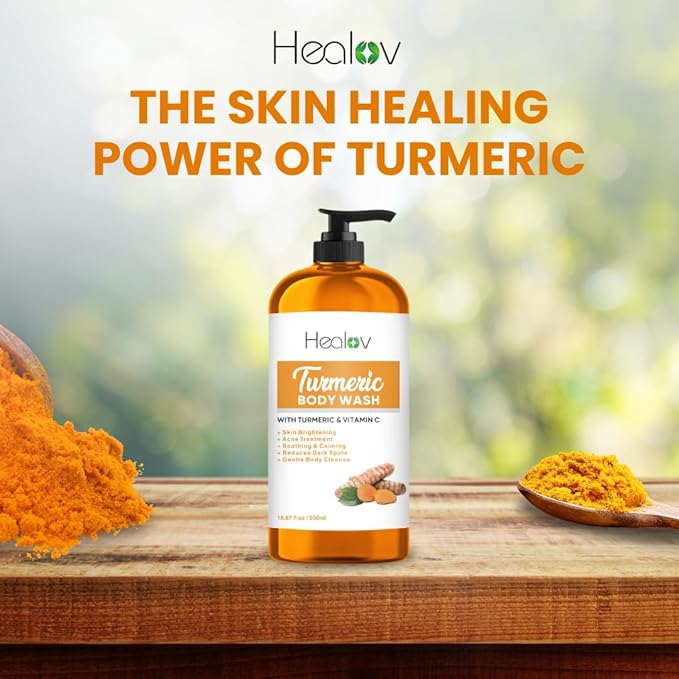 Turmeric Body Wash – Skin Brightening Soap for Dark Spots, Hyperpigmentation – Exfoliating Turmeric Face Wash Reduces Acne, Scars, & Cleanses Skin – Natural Bath Liquid Soap