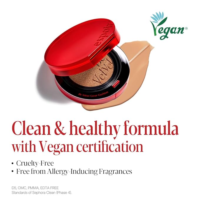 Espoir Be Velvet Cushion Foundation #28.5 Ginger Olive | Quick and Easy Coverage with Long-lasting Color by Zero Oxidation, Velvety Smooth Finish & Lightweight Formula, Vegan, Korean Makeup, 0.46 oz