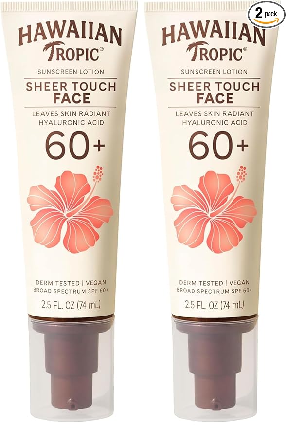 Hawaiian Tropic Sheer Touch Face Sunscreen Lotion SPF 60, 2.5 Fl Oz | Travel Size Sunscreen for Face, Sunblock Lotion, 2.5 Fl Oz,(Pack of 2)